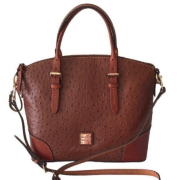 Dooney & Bourke Ostrich Domed Satchel Cognac Shoulder Leather Handbag Purse - Picture 3 of 14